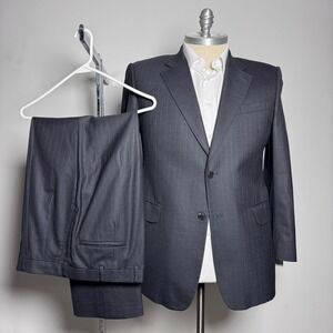 DAKS London Suit Mens 42R 35W Charcoal Grey Pinstripe Wool Cashmere DMJ13646